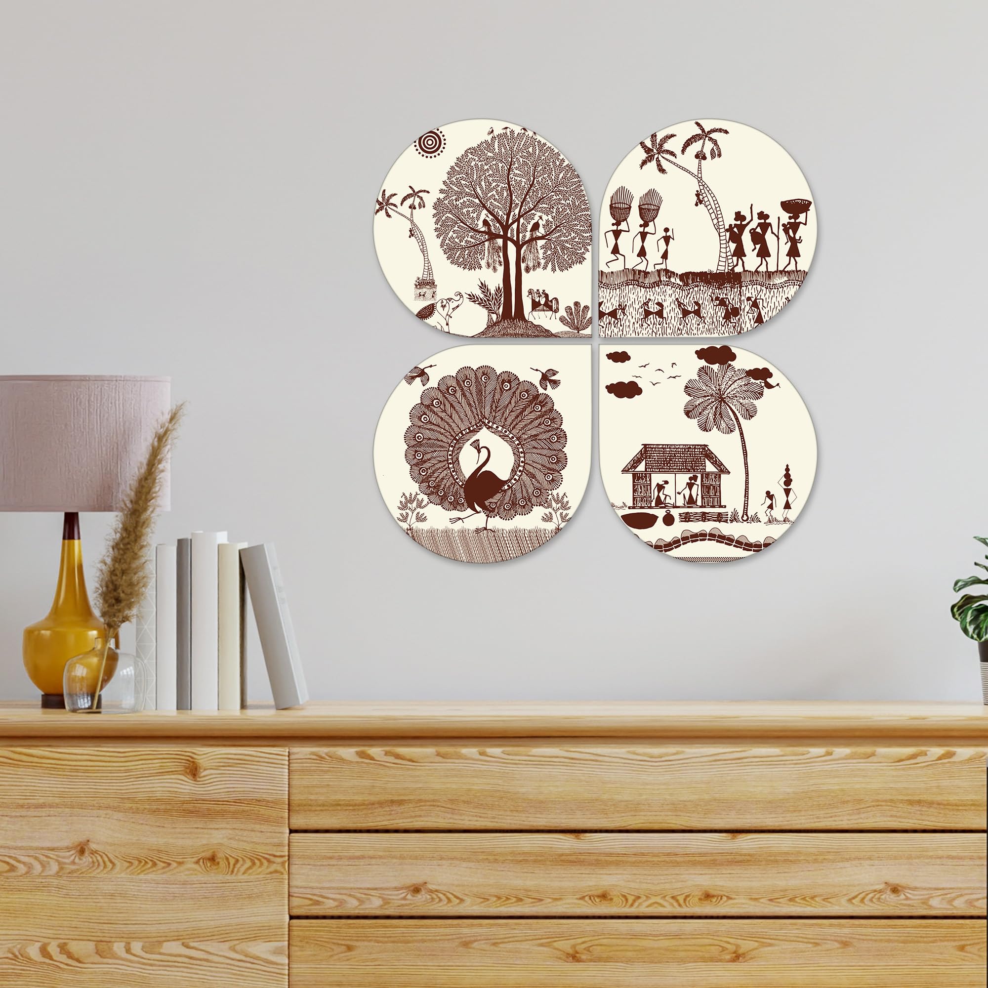 Artvibes Ancient Village Warli Art Decorative Wall Art MDF Wooden Wall Hanger for Home | Handcrafted Art | Graphic Artwork | Aesthetic Wooden Decor | Sceneries | Ideal Gifts (WH_8438N), Set of 4