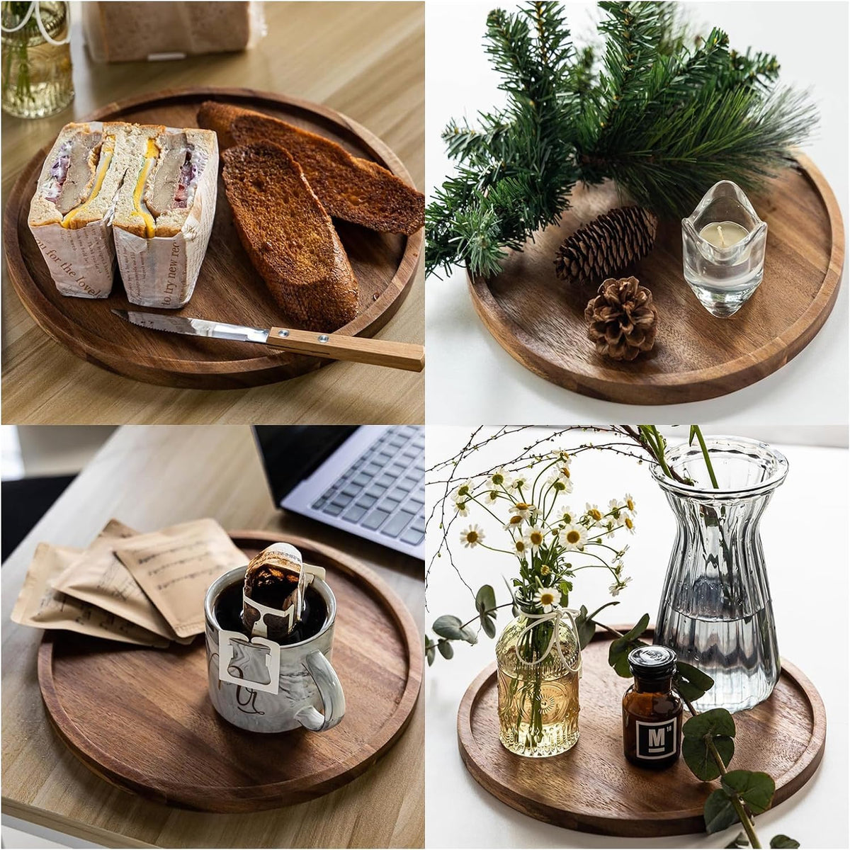 Skafa Rustic Elegance: Wooden Round Tray Versatile Home Decor Accent for Serving and Display Small Wooden Serving Tray, Candle Holder Tray Home Decor, Decorative Trays for Home Decor (Round)