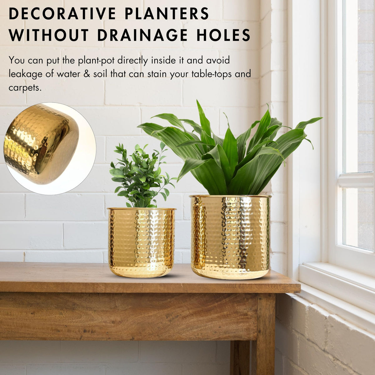 BEHOMA Hammered Metal Indoor Planter for Table, Gold - Pack of 2
