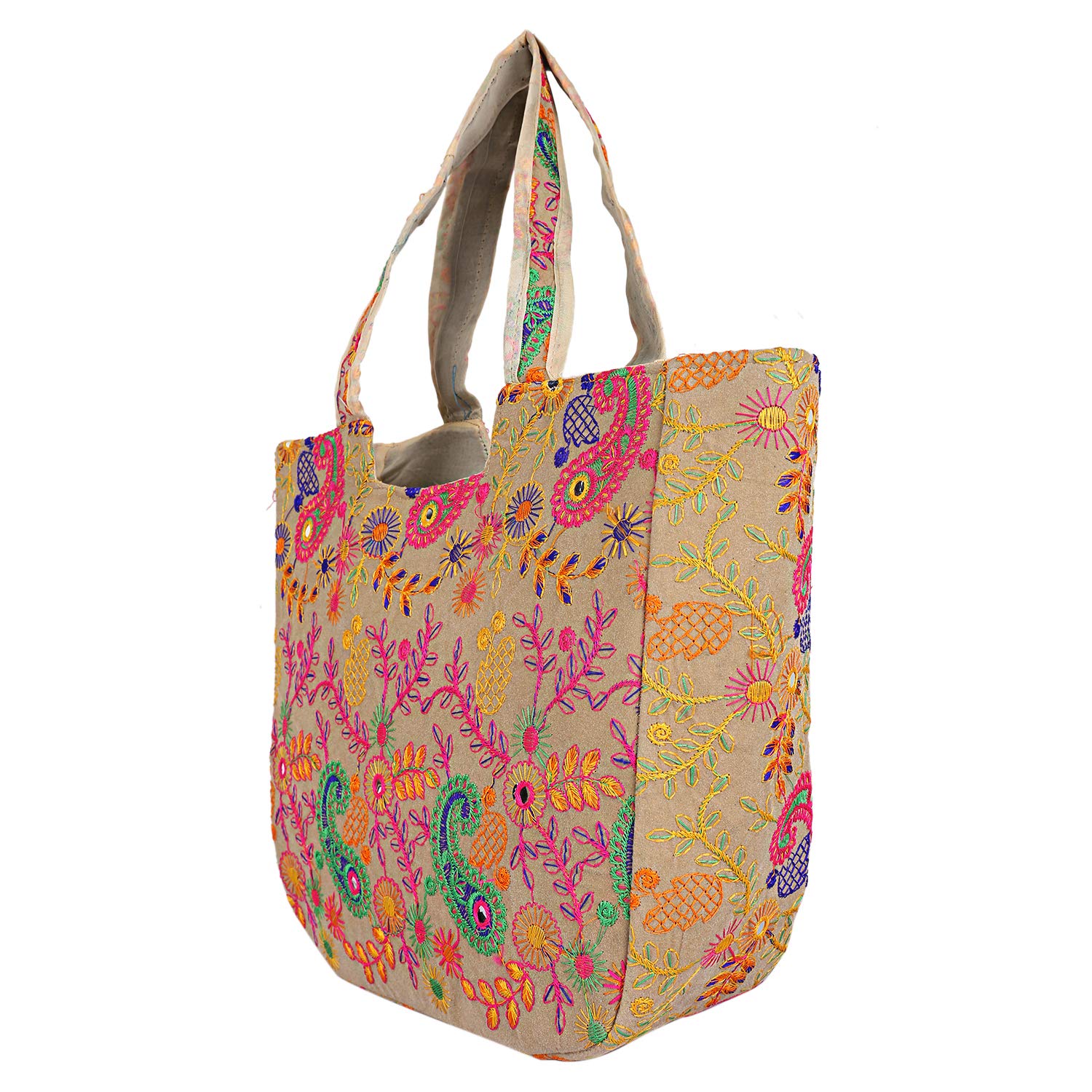 Craft Trade Women's Cotton Tote Bags with Zip 36x30x12 Cm Embriodery Mirror Work Leaf Print Shopping Handbag - Cream