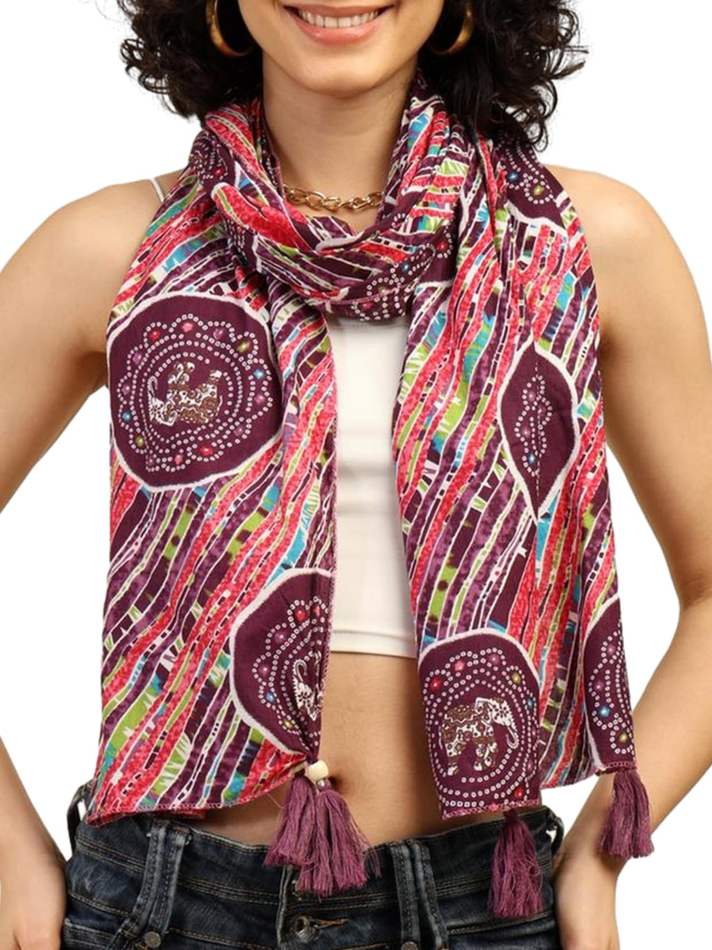 KE KANHA EXPORTS Cotton Scarf with Tassels|Bandhani Print Scarf for Women Stylish|Stole for Women|Breathable Boho Beach Summer Wrap|Multicolor Scarf|Easily Fits 180 * 50 CM