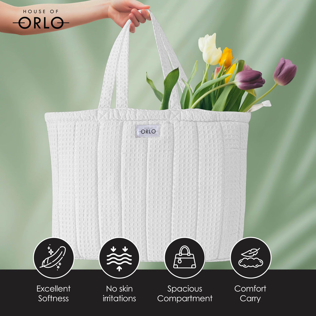 HOUSE OF ORLO Premium Cotton Waffle Quilted Tote Bag, Large Spacious Handbag for College, Office, Work, Travel, Shopping & Daily Use - White