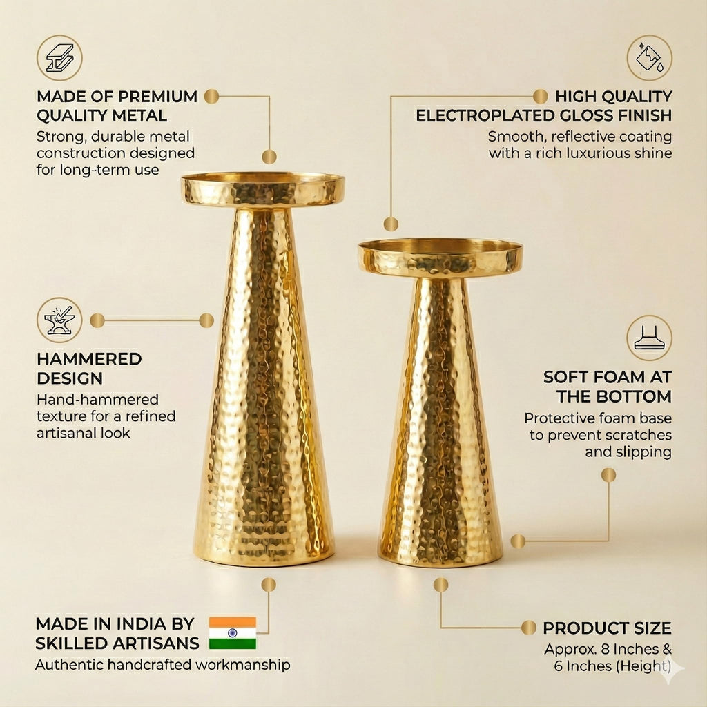 CentraLit Set of 2 Candle Stand for Home Decor | Modern Hammered Candle Holder Stand with Brass Gold Finish | Diwali Home Decor Candle Stand for Living Room, Altar & Christmas Decoration