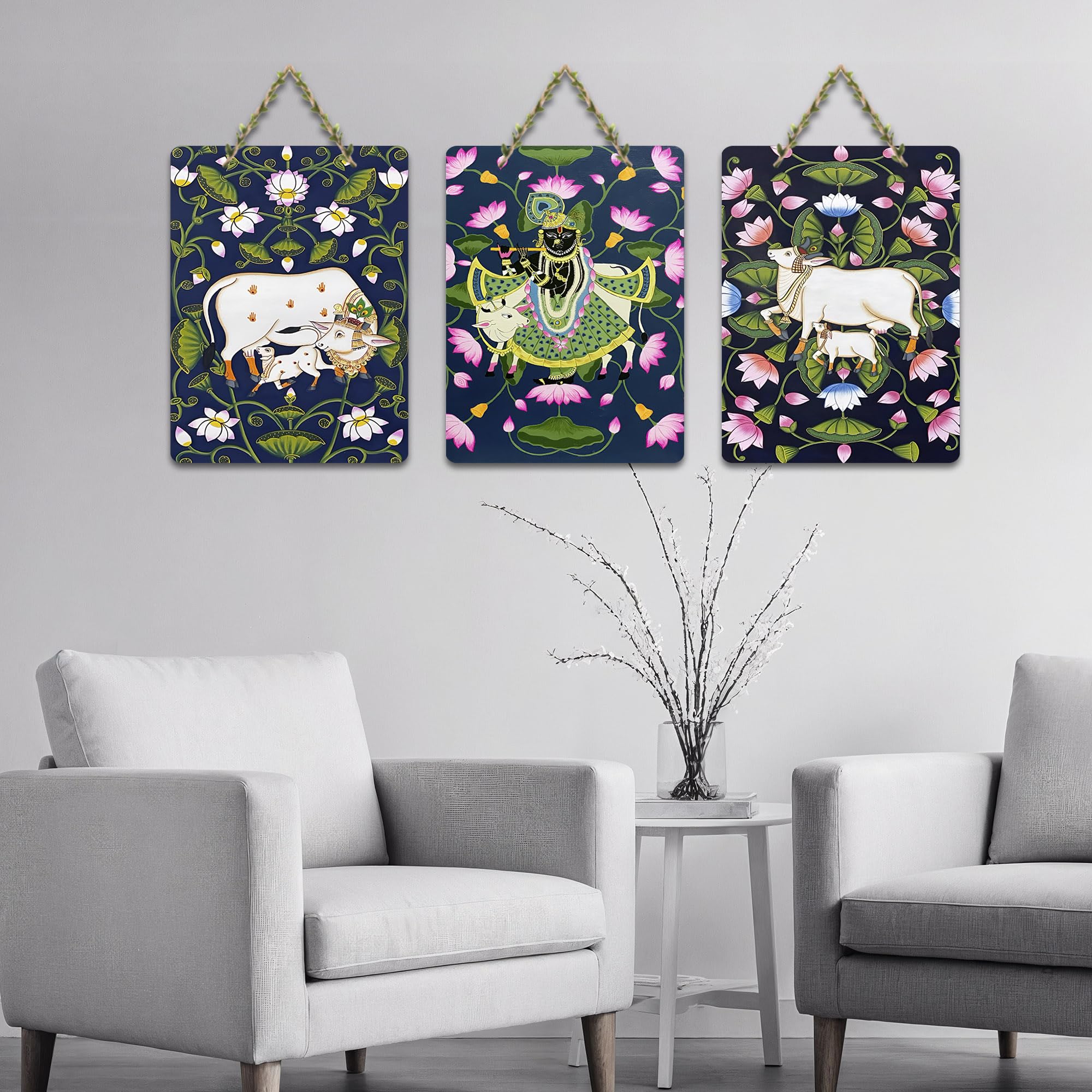 Artvibes Shreenathji & Sacred Cow Religious Art Wall Hanging Home Decorative Wall Art for Living room | Religious Decor Items | Wall Poster| Stylish Modern Decor Item | Gift Items (WH_9682N), Set of 3