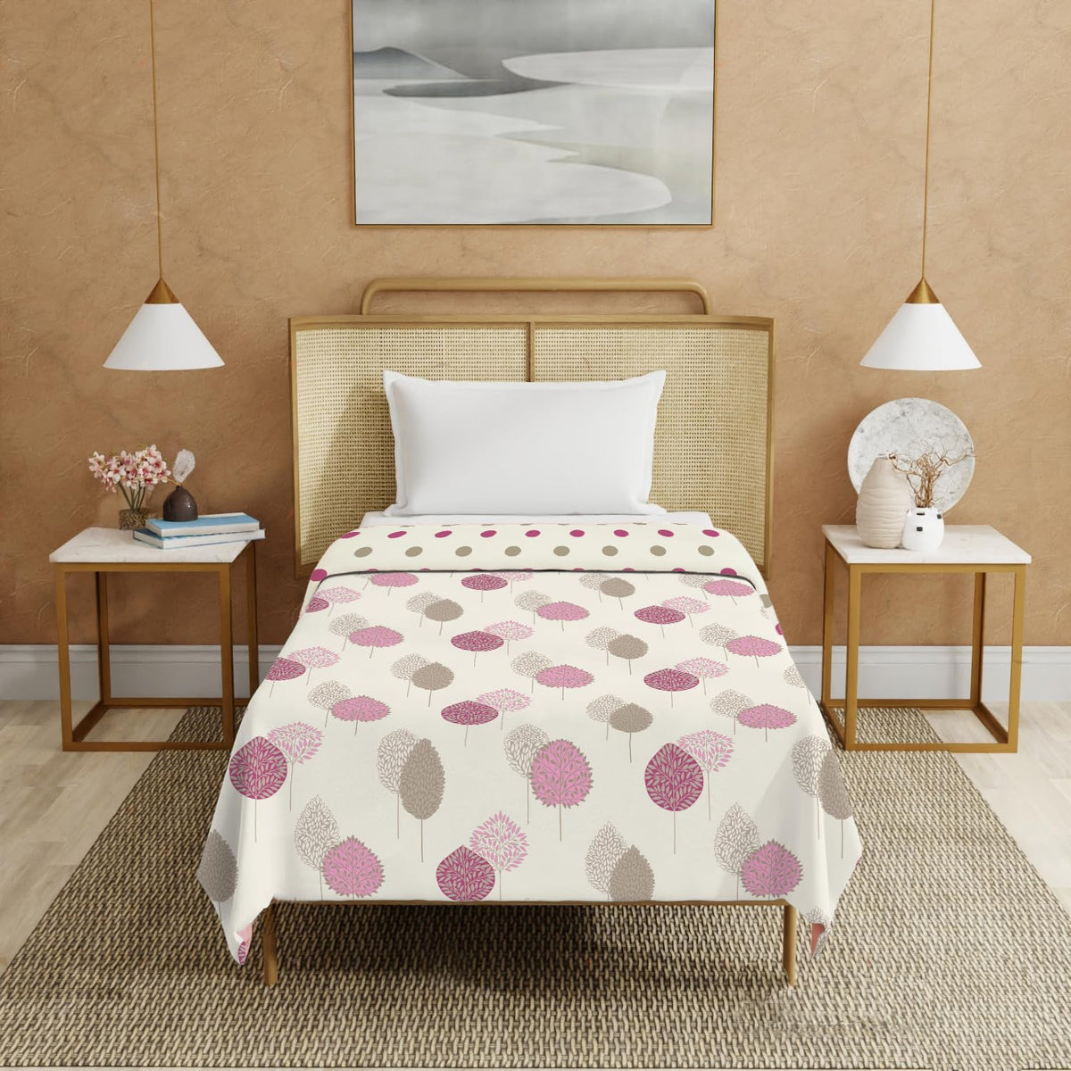 Urban Space 100% Cotton Malmal Single Bed Dohar, All Season Reversible Blanket, Soft, Lightweight and Breathable Ac Dohar/Quilt/Blanket/for Bed, Sofa AC Blanket (58 x 95 inch, Drops Pink) Kafalo