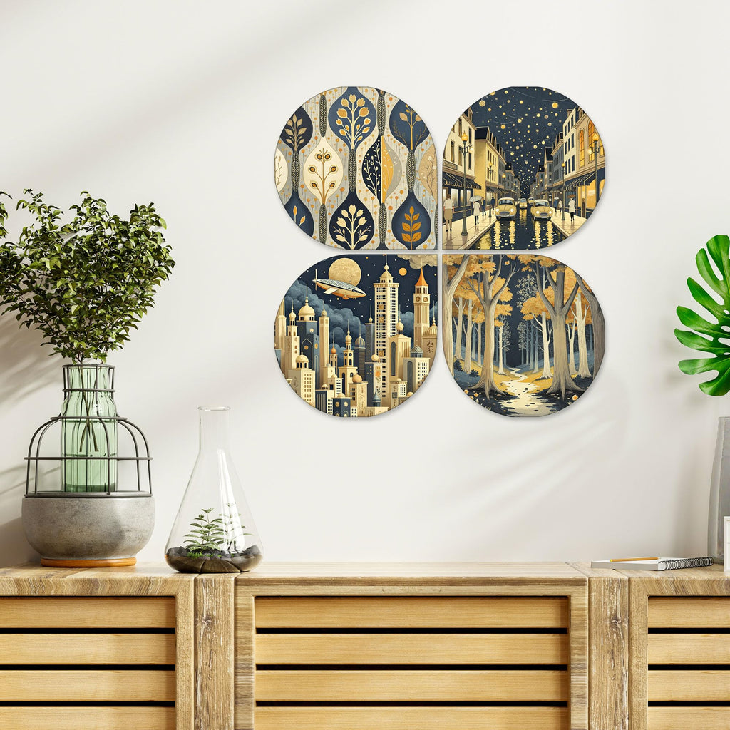 Artvibes Modern Nightscape Decorative Wall Art MDF Wooden Wall Hanger for Home | Room Wall Art | Wood Decorative Items | Modern Decoration | Wall Art Print | Unique Gift Items (WH_8457N), Set of 4