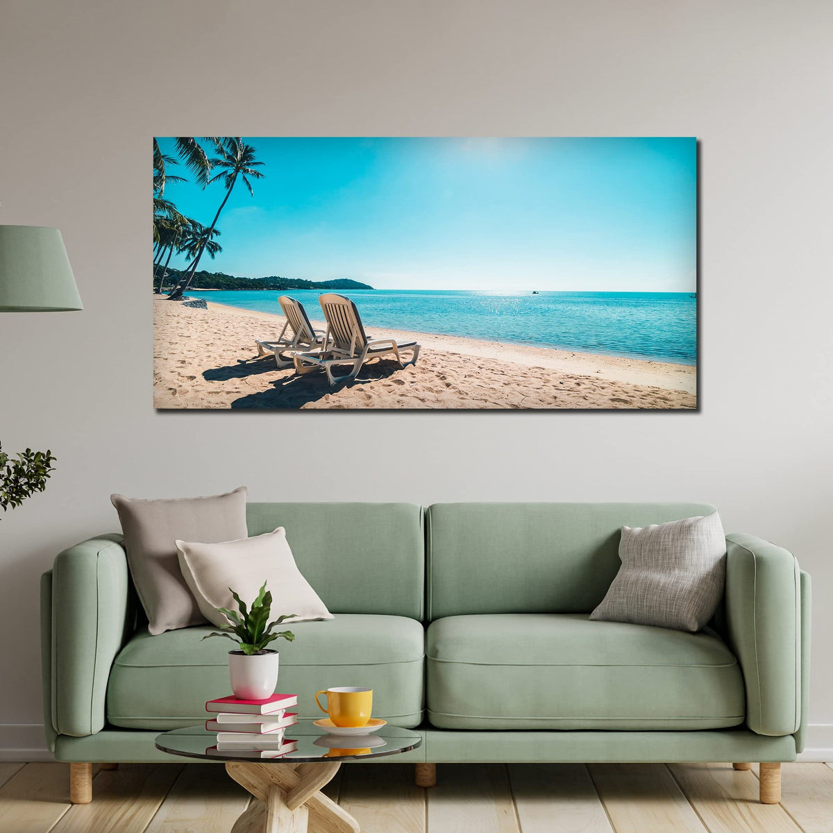 VIBECRAFTS Canvas Paintings for Living Room Drawing Room wall Painting of Beautiful Beach with Chair & Blue Sky for Home|Office|Gift(PTVCH_2385N)