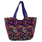 Craft Trade Women's Cotton Tote Bags with Zip 36x30x12 Cm Embriodery Mirror Work Leaf Print Shopping Handbag - Blue