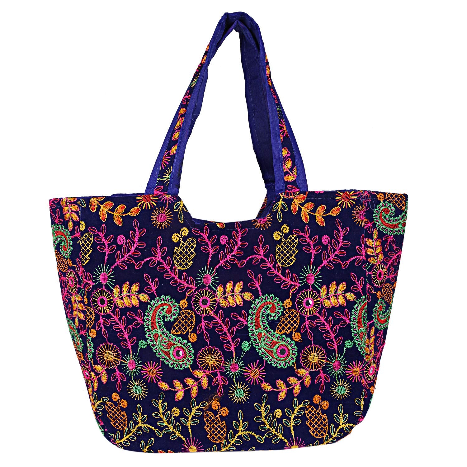 Craft Trade Women's Cotton Tote Bags with Zip 36x30x12 Cm Embriodery Mirror Work Leaf Print Shopping Handbag - Blue