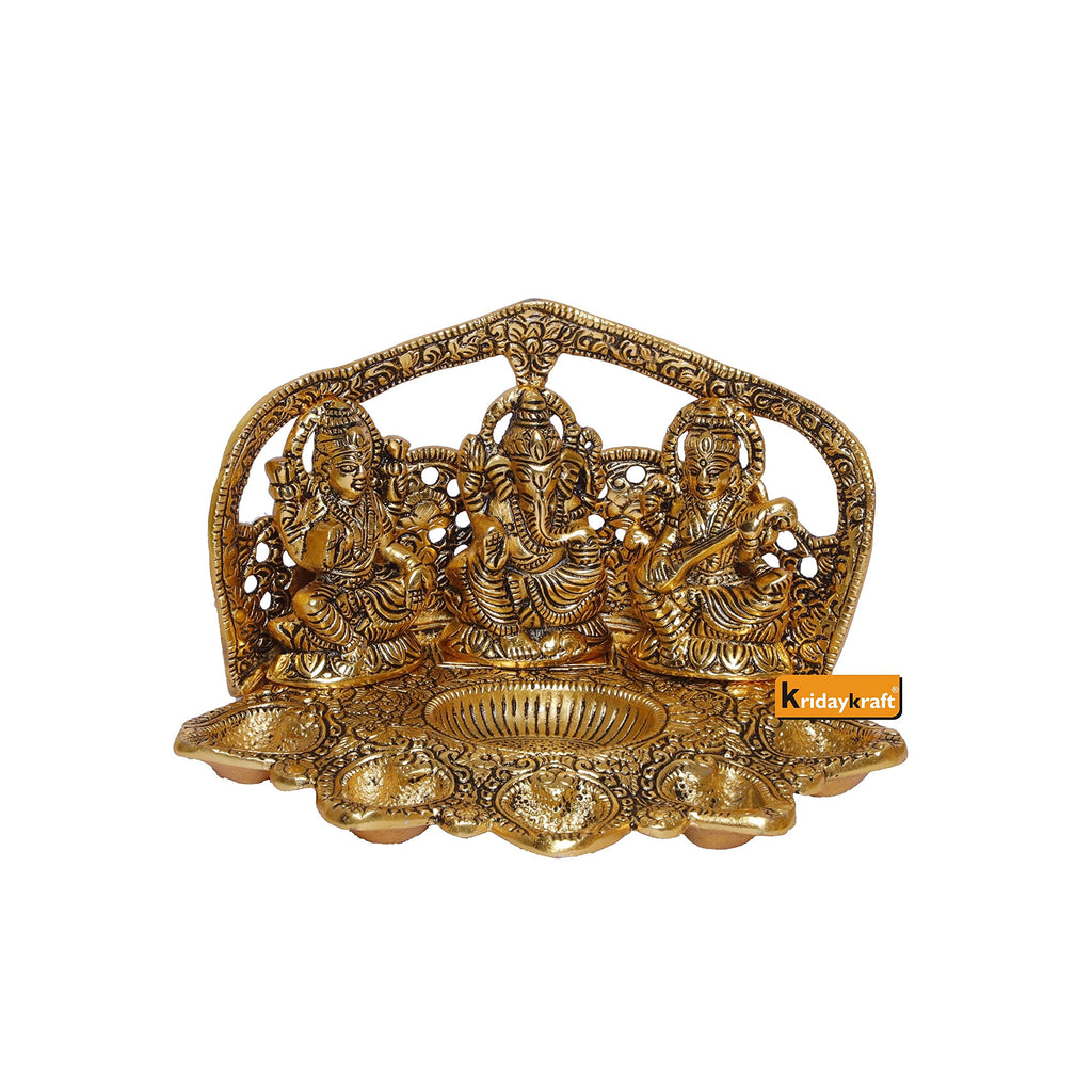 KridayKraft Laxmi Ganesha Saraswati Metal Idol with Diya – Handcrafted Religious Statue for Pooja Room, Home Temple & Festive Décor – Auspicious Showpiece and Gift Article for Diwali