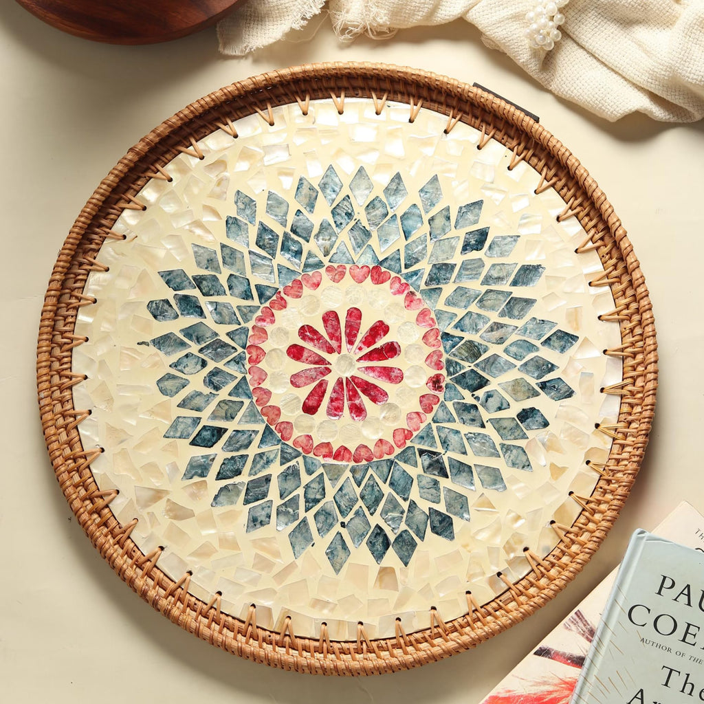 Habere India-All The Cultures Fabricating India Decorative Serving & Organising Trays | Gift Hamper | Wooden Serving Tray | Round Shape Rattan Tray - Large (Dia40 x H5 cm)