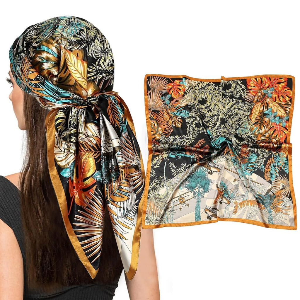 ULOS Women's Printed Shiny Dubai Style Luxury Floral Pattern Satin Head Scarf - Neck Scarf (Square)