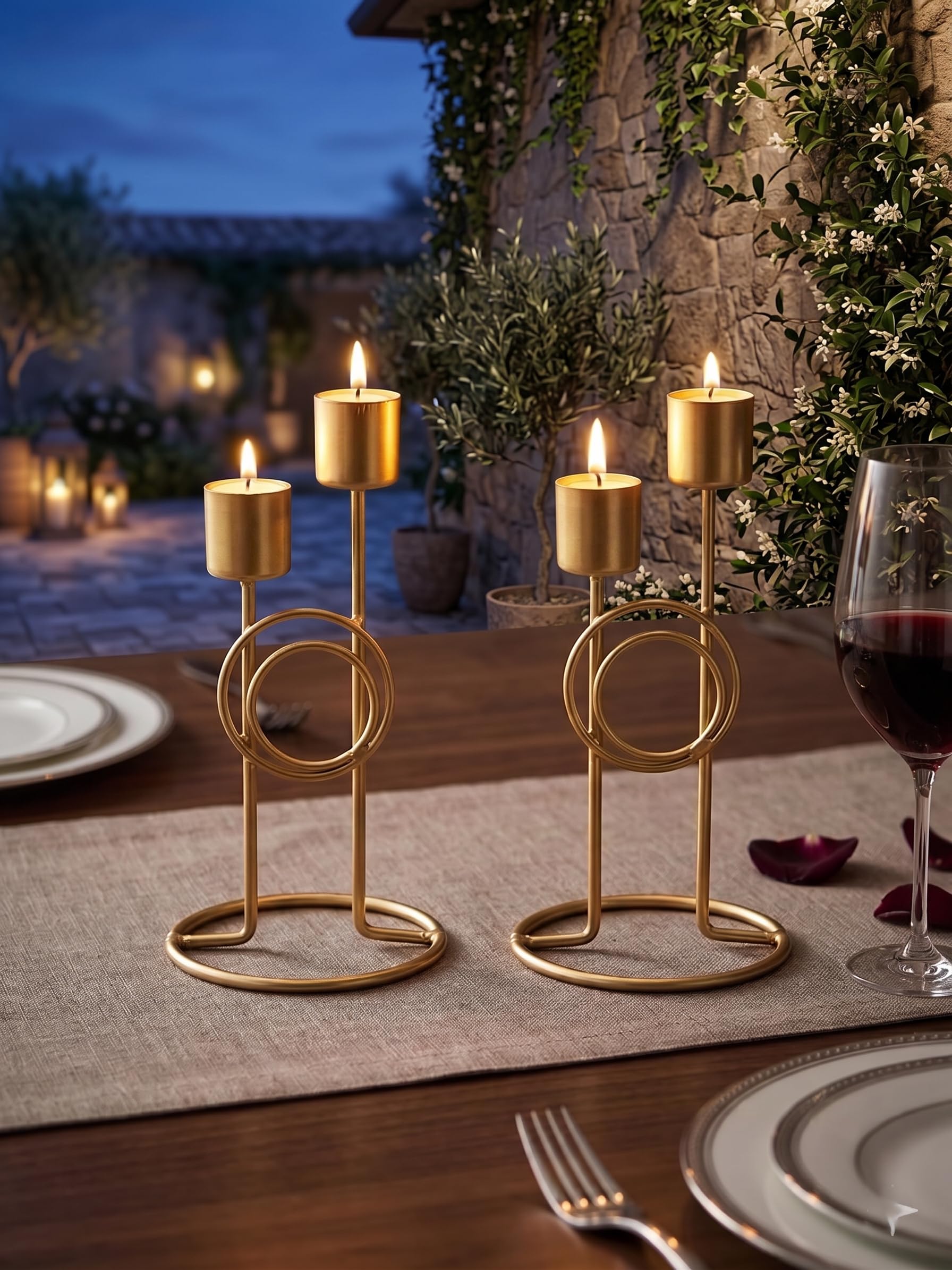Metalcore Gold Candle Holders Set of 2 - Modern Geometric Metal Candlestick Stand with Dual Stems - 6.5 Tall Decorative Centerpiece for Dining Table, Mantle, Wedding, and Home Decor