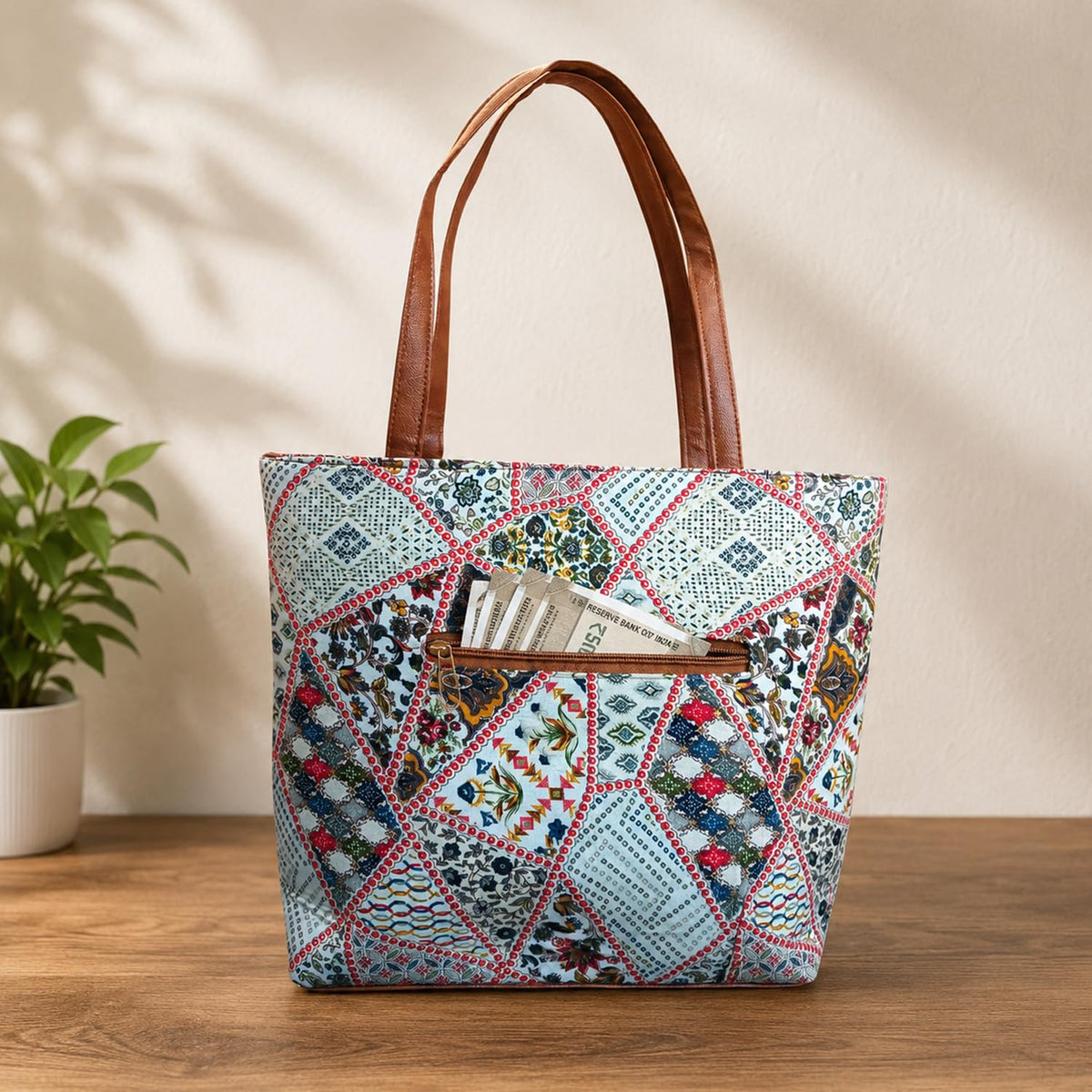 STYLE BA Women's Tote Bag With Leather Handles & Embroidery Printed Handbag With Zip Pockets, Shoulder Tote Bag And Handbag (Green)