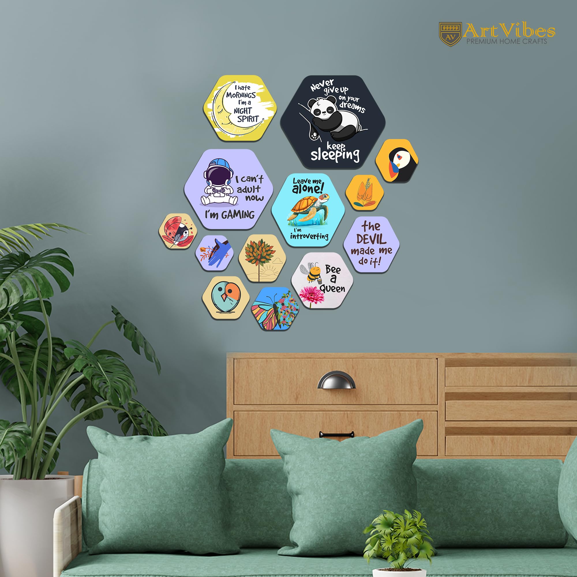 Artvibes Funnny Quotes Hexagon Shape MDF Wooden Wall Decor Items | Quotes Decor Item | Printed Wall Decoration | Wall Poster | Graphic Print Artwork | Unique Gift | Cafe Decor (WPS_220N), Set of 13