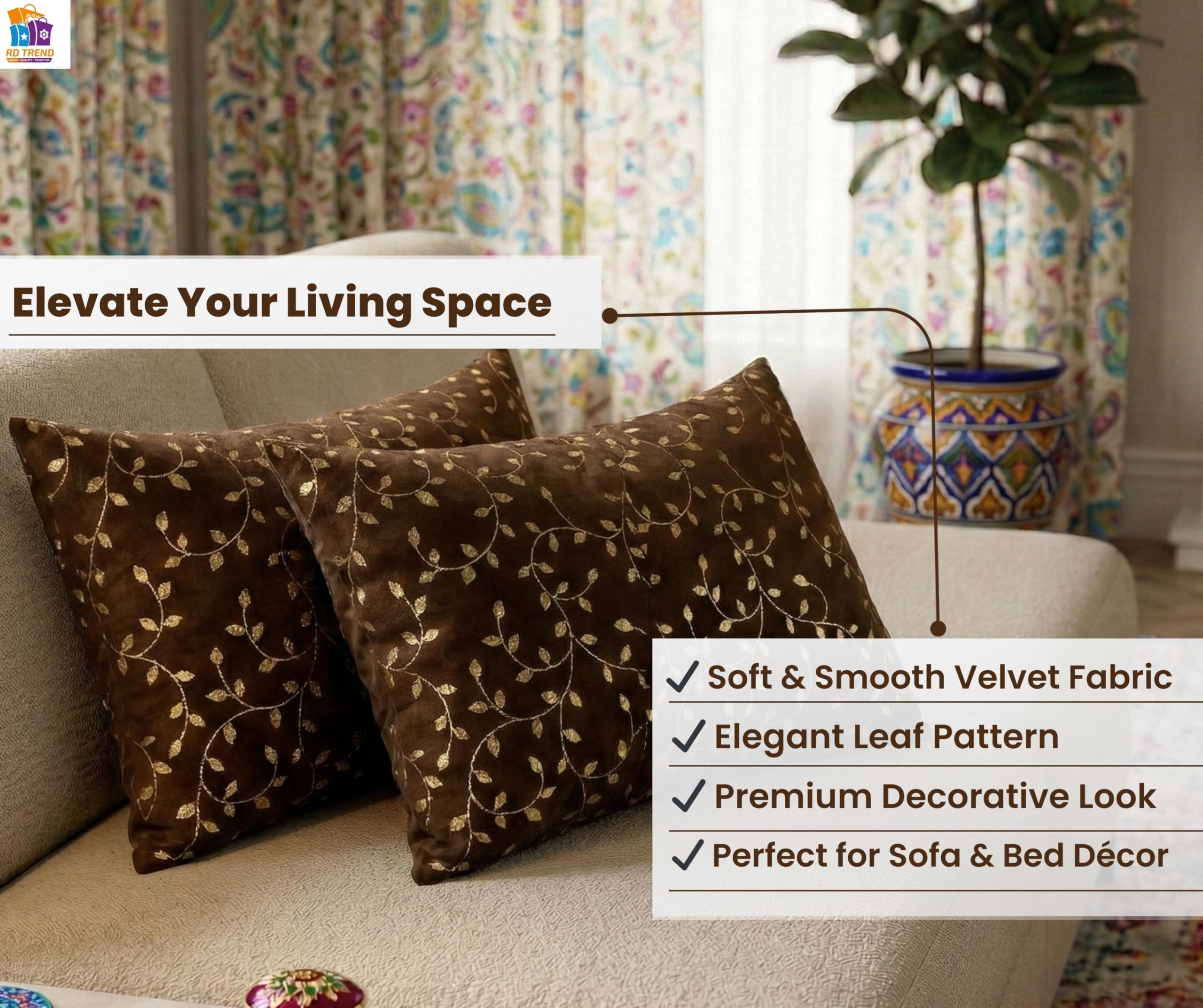 RD TREND® Velvet Rectangular 12x18 Inches Cushion Covers Set of 2 | Throw Pillow Covers for Sofa, Bed & Living Room | Perfect for Home Décor Chocolate Brown