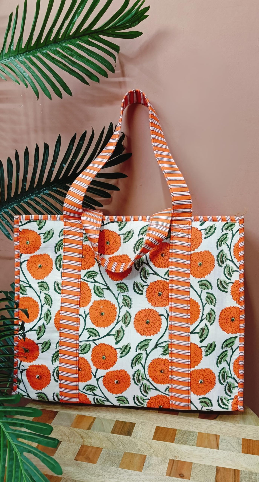 HOUSE OF GULAB Orange Cotton Tote Bag Reusable Shopping Bag Printed Canvas Cloth Carry Bag with Long Handle for Women & Men Eco Friendly Grocery Vegetable Storage Travel Bag 15x18 Inch (Orange)