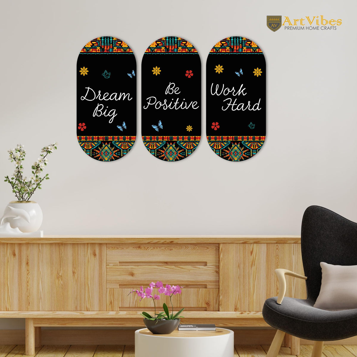Artvibes Dream Big Positive Quotes Printed Wooden Wall Hanger for Home | Office | Living Room | Gift | Modern Decoration Items | Kitchen Wall Decor | Artworks (WH_9016N), Set of 3