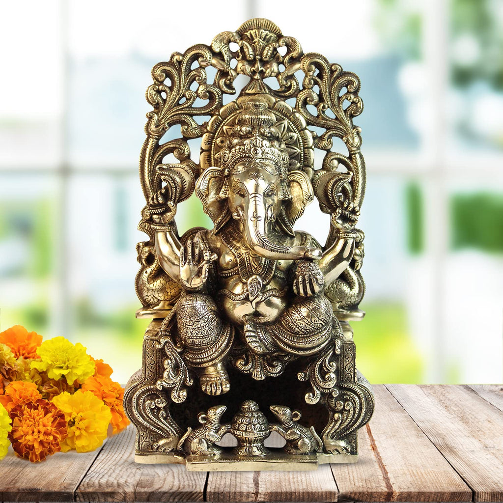 ARTVARKO Pure Brass Lord Ganesha Bhagwan Idol Mangalkari Ganesh Statue Sitting on Kritimukha Singhasana for Home Office Decor Gift13 Inches
