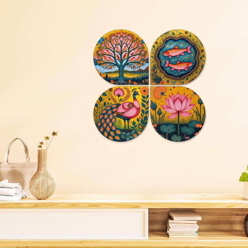 Artvibes Nature Decorative MDF Wooden Wall Art for Home | Art For Wall | Wall Sculpture | Signs & Plaques | Festive Decor | Wall Art Print | Handcrafted Art | Unique Gift Items (WH_8461N), Set of 4