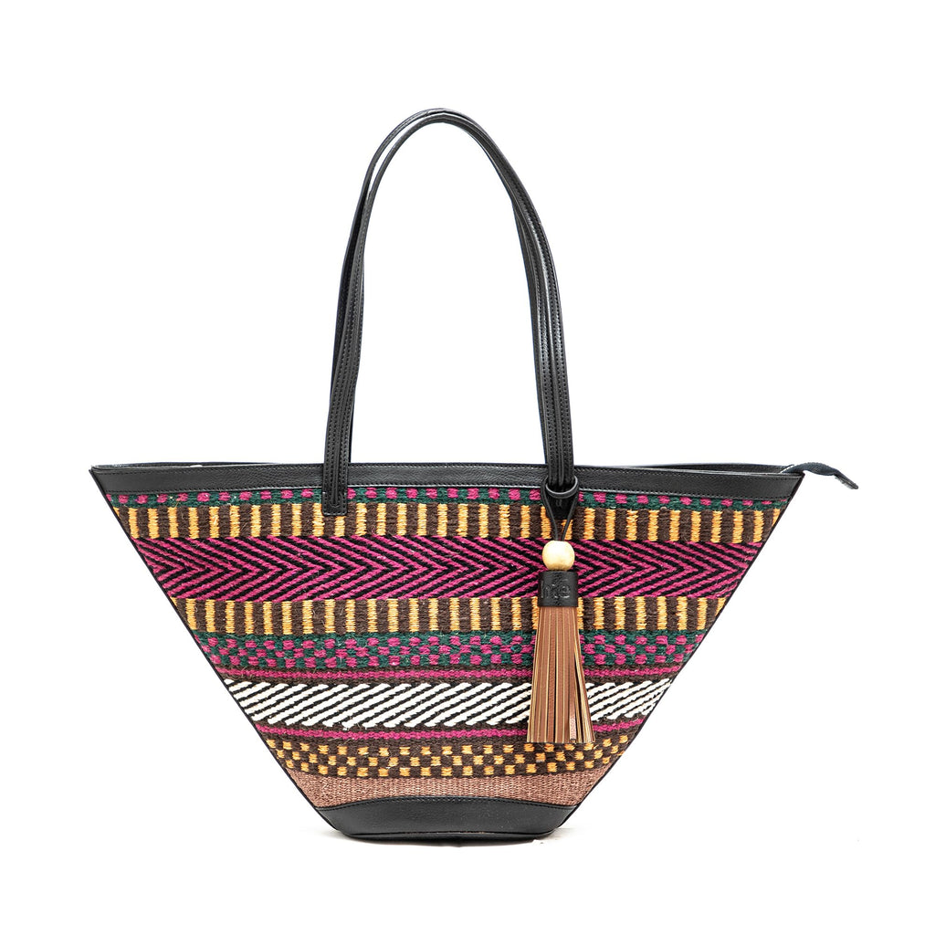 HIE Serena Tote – Handwoven Raffia Bag with Vegan Leather Trims, Metal Zip Closure, Inner Lining & Tassel | Stylish Travel Tote for Women & Girls.