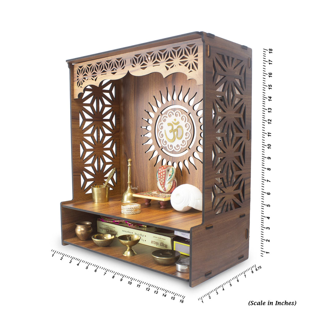 Heartily® Shree Beautiful Wooden Pooja Stand for Home Mandir for Home Temple for Home and Office Puja Mandir for Home and Office Wall with LED Spot Light Product (H- 18, L- 16, W-8.75 Inch)