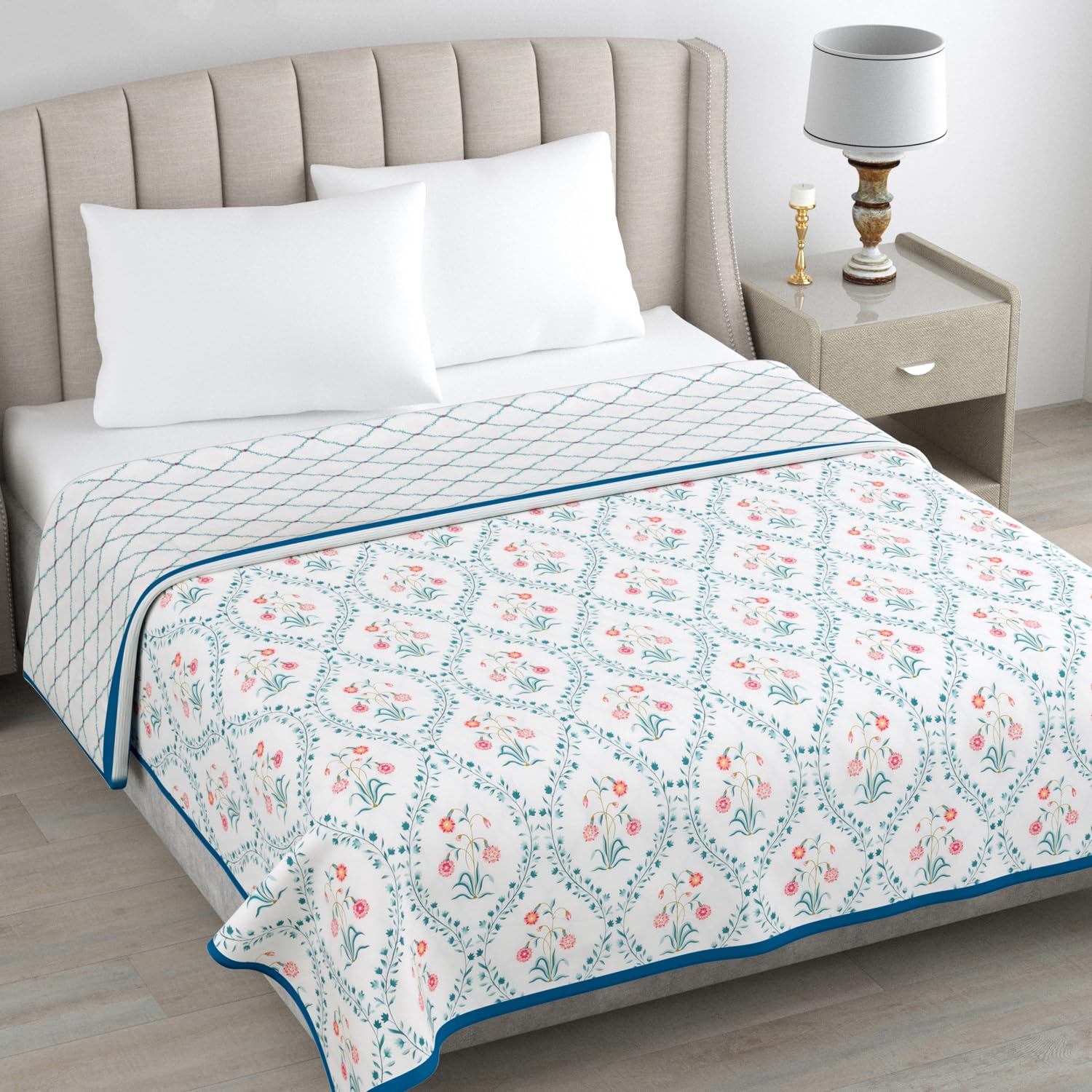 haus & kinder 100% Cotton Single Bed Dohar | Lightweight AC Blanket for Summer | Soft Breathable Reversible Blanket | Printed Cotton Dohar Pink Bloosm | 58 x 88 Inch | 144 TC Kafalo