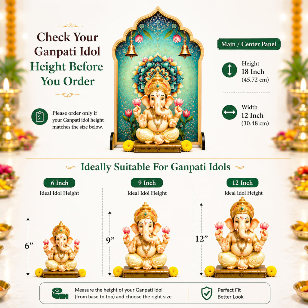 Ganpati Decoration Setup for Home, Premium MDF Ganesh Chaturthi Backdrop Stand, 3 Panel Traditional Mandap Decor for Pooja, Aarti, Festival & Housewarming, Suitable for up to 12 Inches Ganpati.
