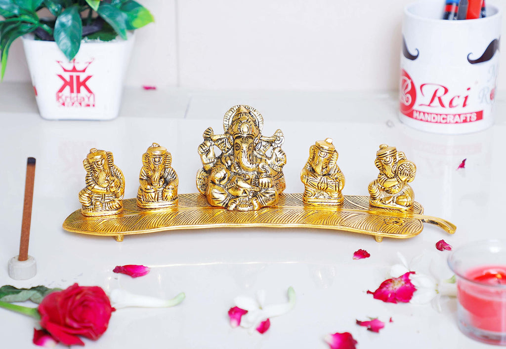 KridayKraft White Metal Gold Plated Ganesha on Leaf with Musical Instrument Metal Statue for Pooja,Home & Office Décor Ganesha Murti Idol,Showpiece Figurines,Religious Idol Decorative Gift Article...