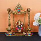ARTVARKO Ganesh Jhula with Hanging Diya Brass Gemstone Handwork Ganesha Swing Statue Ganpati Jhoola Kirtimukha Idol Murti for Home Décor Office Mandir Gift 9 Inch