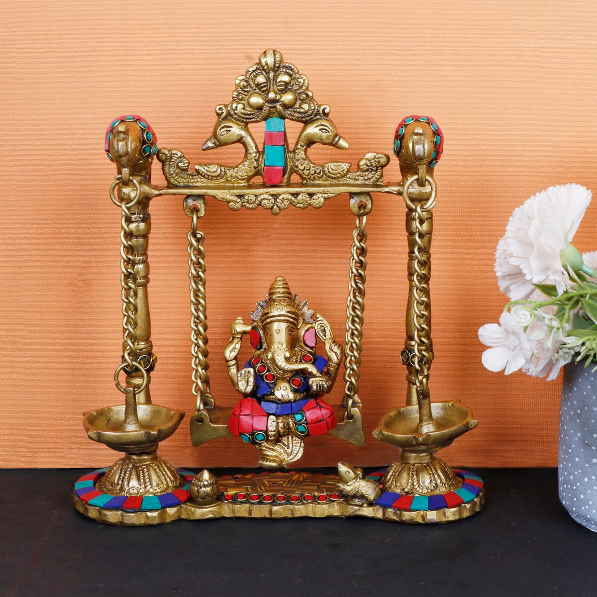 ARTVARKO Ganesh Jhula with Hanging Diya Brass Gemstone Handwork Ganesha Swing Statue Ganpati Jhoola Kirtimukha Idol Murti for Home Décor Office Mandir Gift 9 Inch