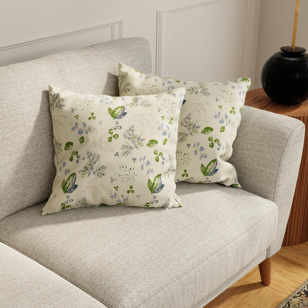 HUESLAND Premium Cotton Cushion Cover 16 inch x 16 inch | Decorative Square Throw Pillow Covers Set for Sofa, Living Room & Bedroom | Set of 2 | Green Leaf Floral