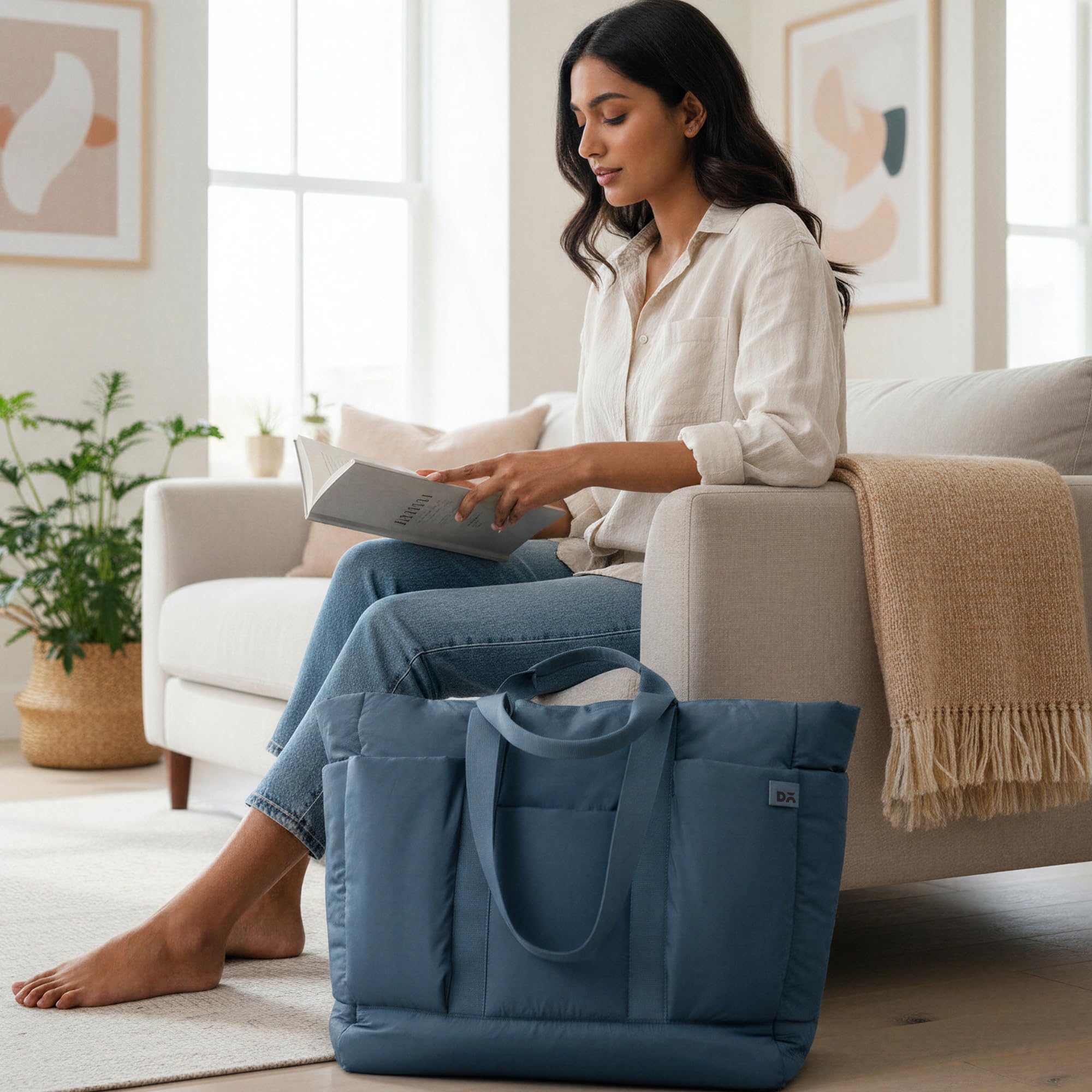 DailyObjects Idyll Tote Bag For Girls &Women | Crafted Using Soft-Touch & Water-Repellent Polyester | Polyfill Cushioning On The Inside | Holds Any Laptops Upto 14'' - Space Blue