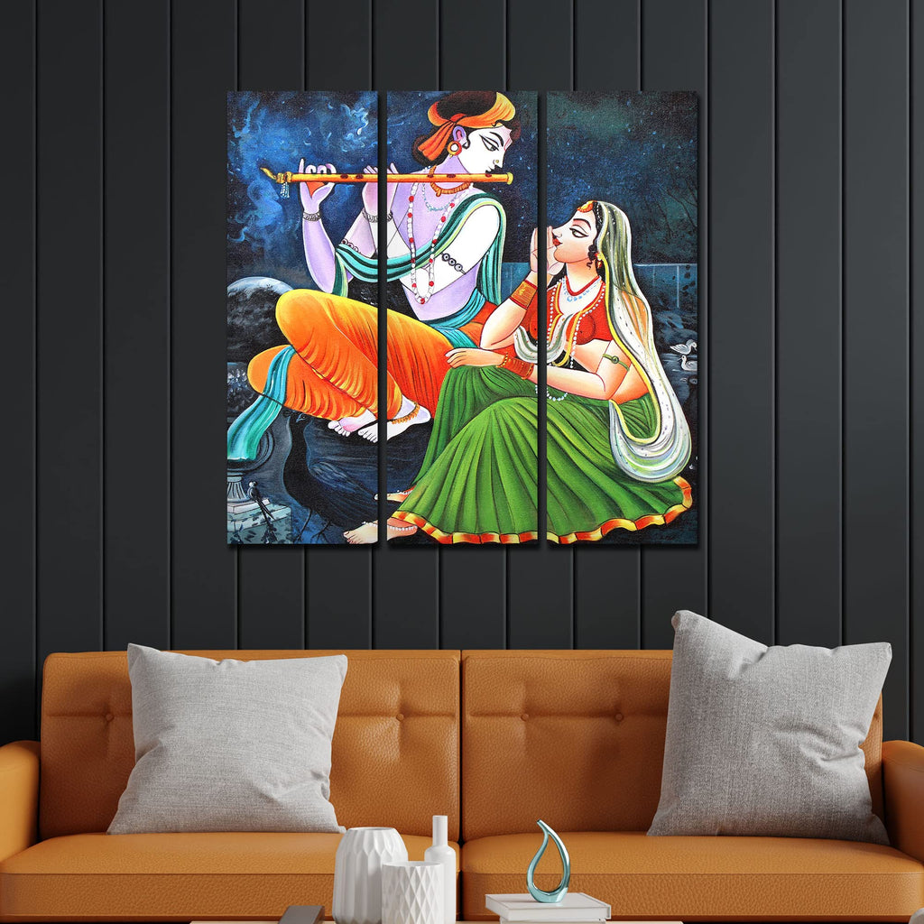 VIBECRAFTS 3 Pieces Shree Radha Krishna Playing Flute Canvas Wall Painting Fitted With Wooden Frame For Home | Office | Living Room | Gifts (PTVC3Pcs1_9551)