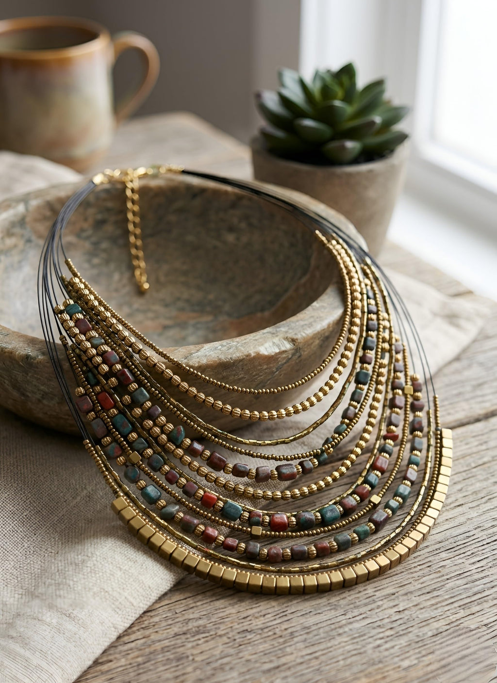 DCA Handmade Multilayer Beaded Fashion Statement Necklace, Red and Gold, Boho Tribal Style, Adjustable Clasp for Saree,Dress,Kurti,Westernwear for Women and Girls (Olive-Brown)