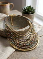 DCA Handmade Multilayer Beaded Fashion Statement Necklace, Red and Gold, Boho Tribal Style, Adjustable Clasp for Saree,Dress,Kurti,Westernwear for Women and Girls (Olive-Brown)