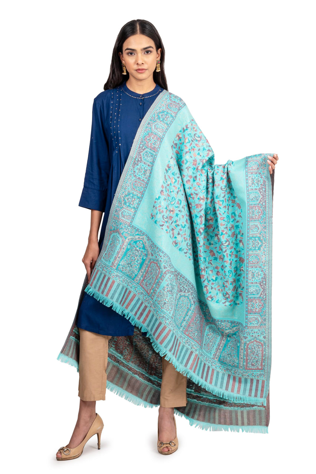Naureen Women Faux Pashmina Kani Shawl with Mughal Artwork and Zari Accents, Warm and Soft, 40x80 inch