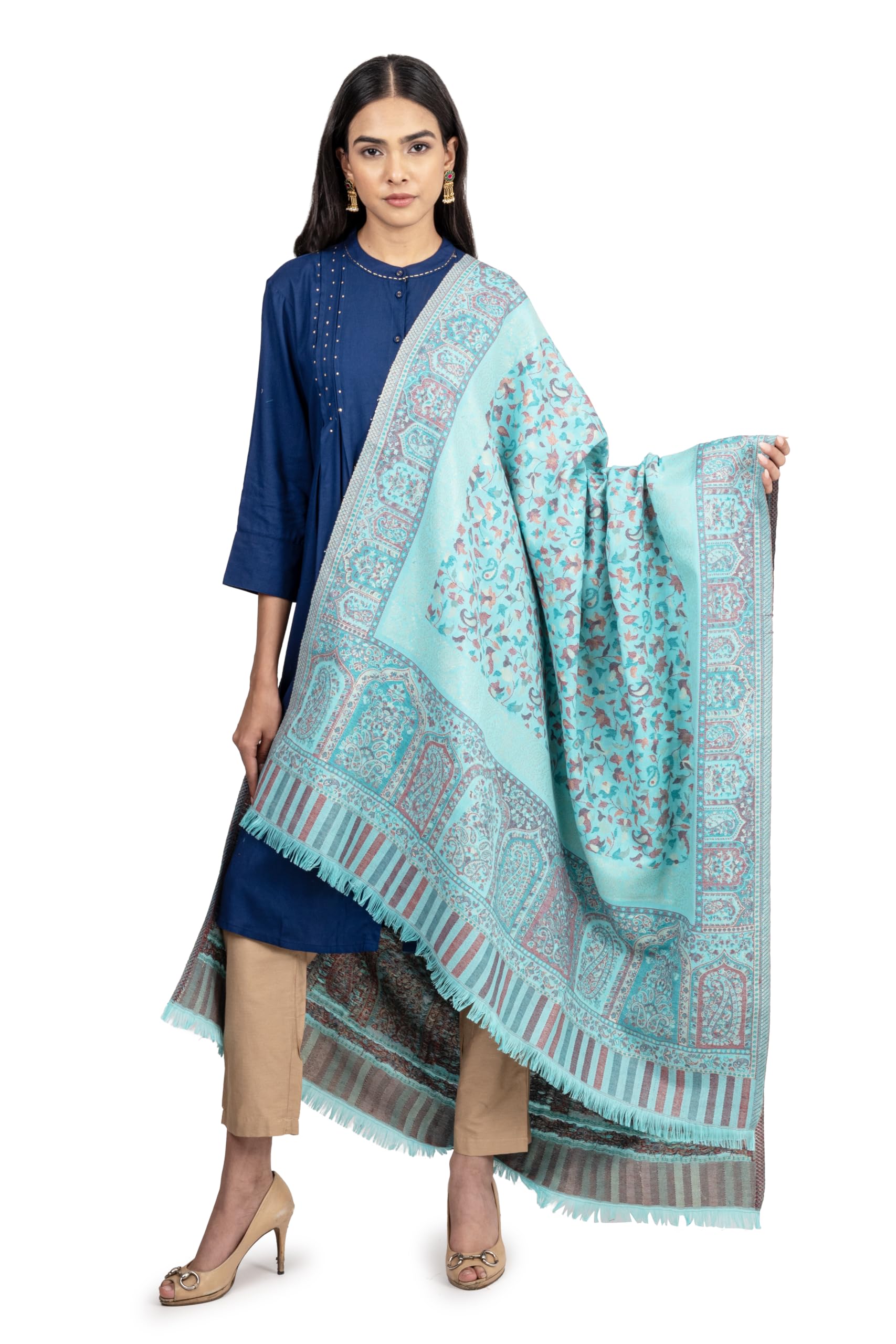 Naureen Women Faux Pashmina Kani Shawl with Mughal Artwork and Zari Accents, Warm and Soft, 40x80 inch