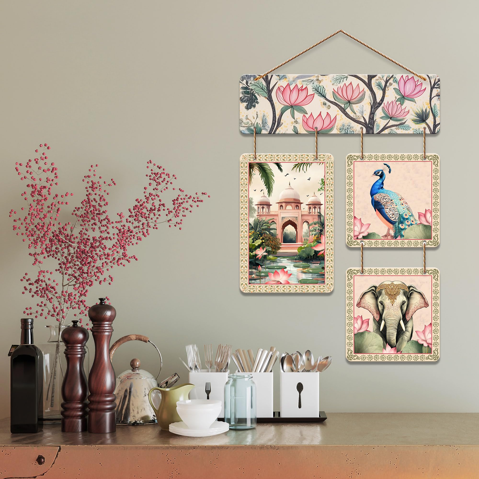 Artvibes Artistic Elephant Peacock & Tomb Pichwai Art Wooden Wall Hanger for Home Decor | Living Room | Office | Wall Art Painting For Hall | Graphic Artwork | Wall Poster | Unique Gift (WH_6536N)