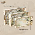 Civana Homes Wooden Serving Tray with Gold Engraving | Set of 3 | Size : 16 x 10 inch, 14 x 8 inch & 12 x 6 inch | Enamel Coated Waterproof | Rectangular | Decorative Trays | White Leaf Set