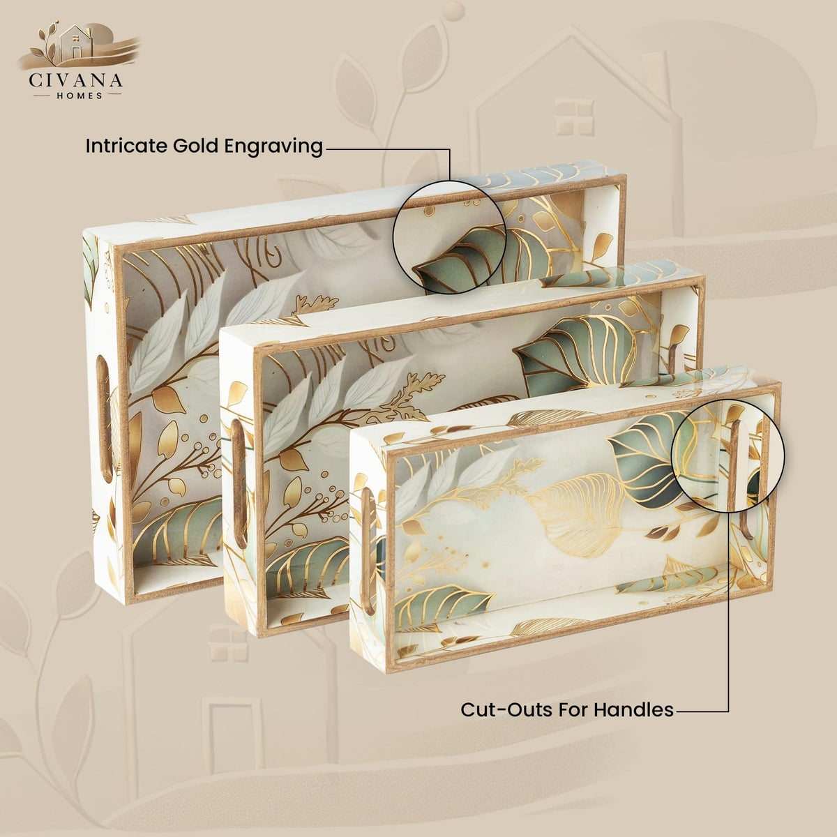Civana Homes Wooden Serving Tray with Gold Engraving | Set of 3 | Size : 16 x 10 inch, 14 x 8 inch & 12 x 6 inch | Enamel Coated Waterproof | Rectangular | Decorative Trays | White Leaf Set