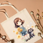 Metsi Canvas Tote Bag - Zipper Pocket With Girl and Puppy Print for Women 13x15 Inch, Eco-Friendly Multi-Purpose Cotton Tote Bag for Shopping, School, Beach, Groceries DIY Painting Gift Use - Design 3