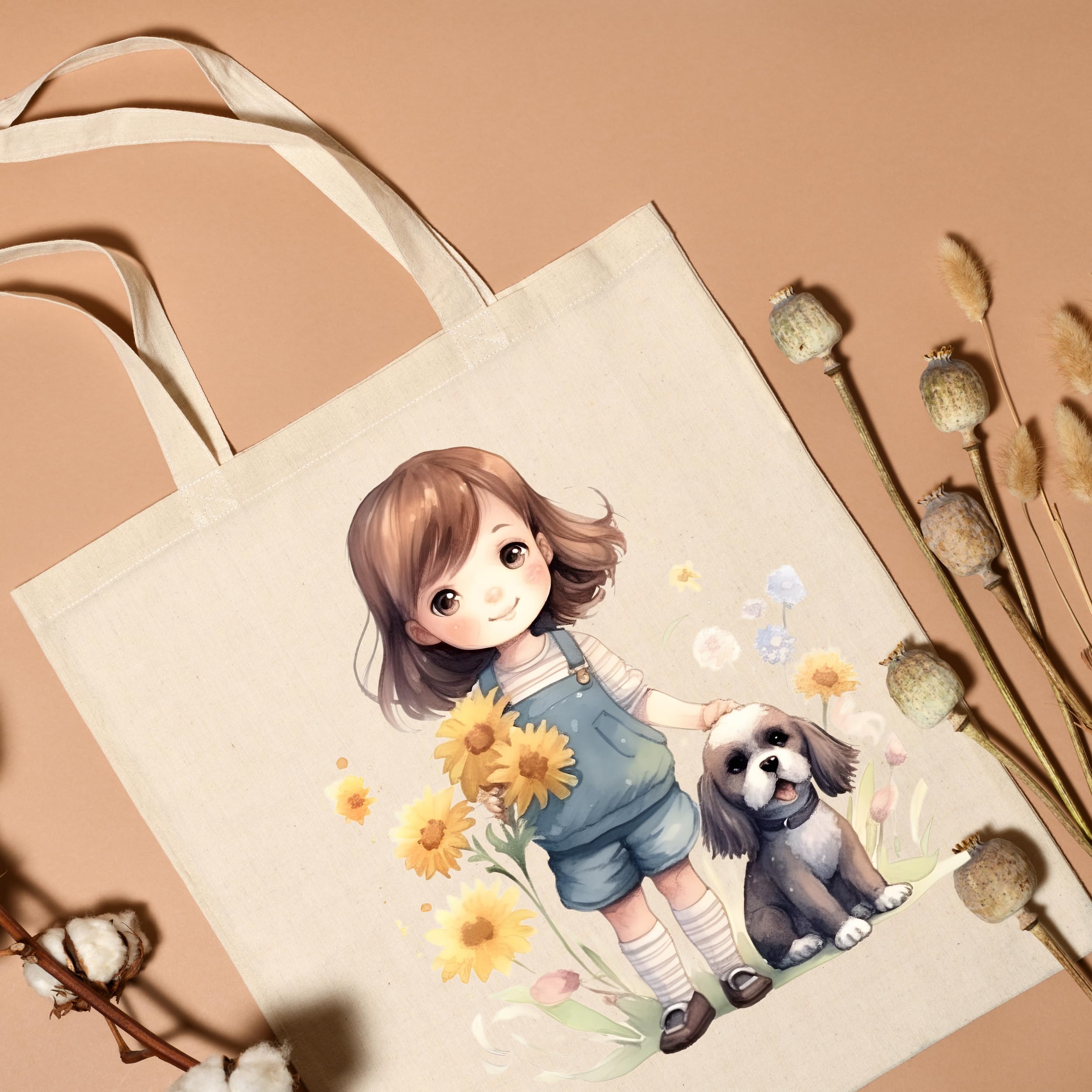 Metsi Canvas Tote Bag - Zipper Pocket With Girl and Puppy Print for Women 13x15 Inch, Eco-Friendly Multi-Purpose Cotton Tote Bag for Shopping, School, Beach, Groceries DIY Painting Gift Use - Design 3