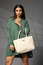 ENSAC Premium Cotton Tote Bag for Women, Stylish Handbag for women with Zip Closure | Fit for Office Bag, College, Travel Use | Handcrafted in India (Cutwork-tote-big) (Cutwork-Beige)