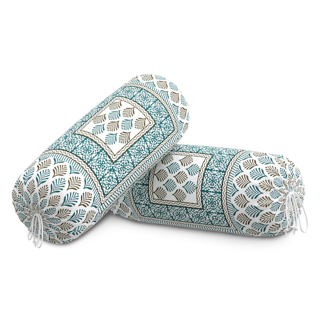BLOCKS OF INDIA Cotton Hand Block Printed Bolster Cover | Booster Cover with Drawstring | Round Long Pillow Cover for Bed | Dewan Pillow Cover Set 16 X 32 | Set of 2 (Green Motifs)