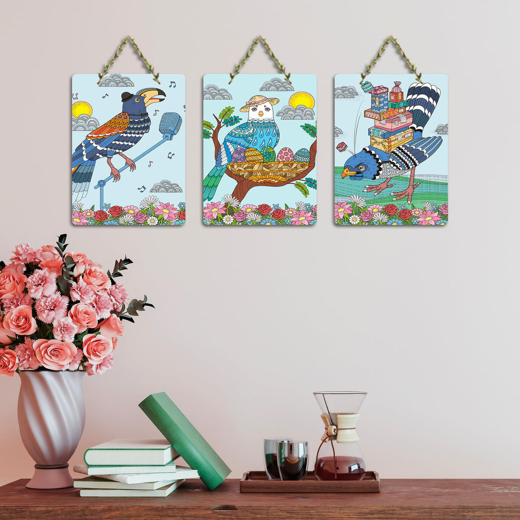 Artvibes Modern Clip Art of Birds Decorative Wall Hanging Ornaments | Garden Balcony| Stylish Modern Decoration Item | Festive Decor | Wall Illustrations | Unique Gift Items (WH_96146N), Set of 3