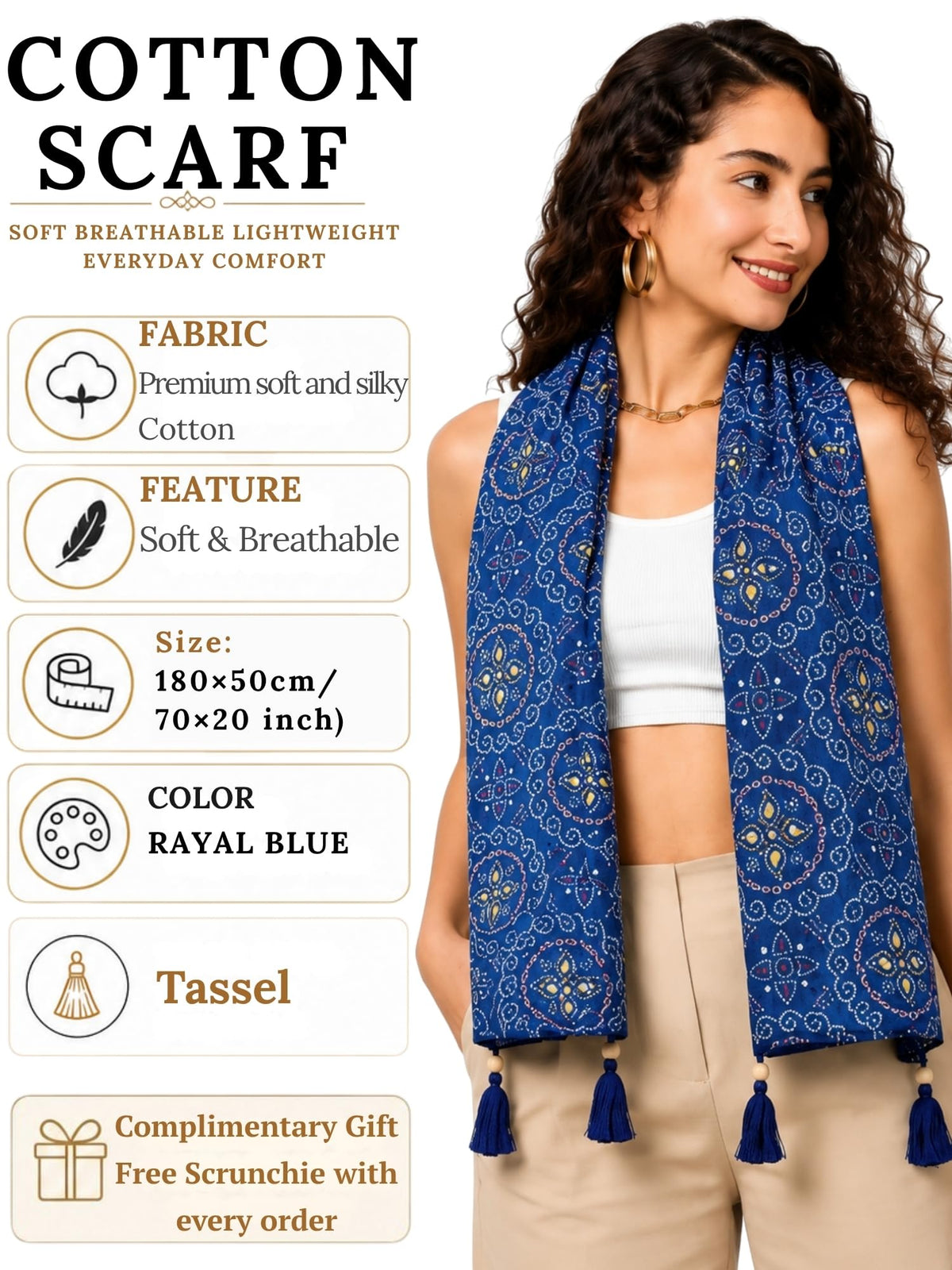 KE KANHA EXPORTS Cotton Scarf with Tassels|Bandhani Print Scarf for Women Stylish|Stole for Women|Breathable Boho Beach Summer Wrap|Multicolor Scarf|Easily Fits 180 * 50 CM