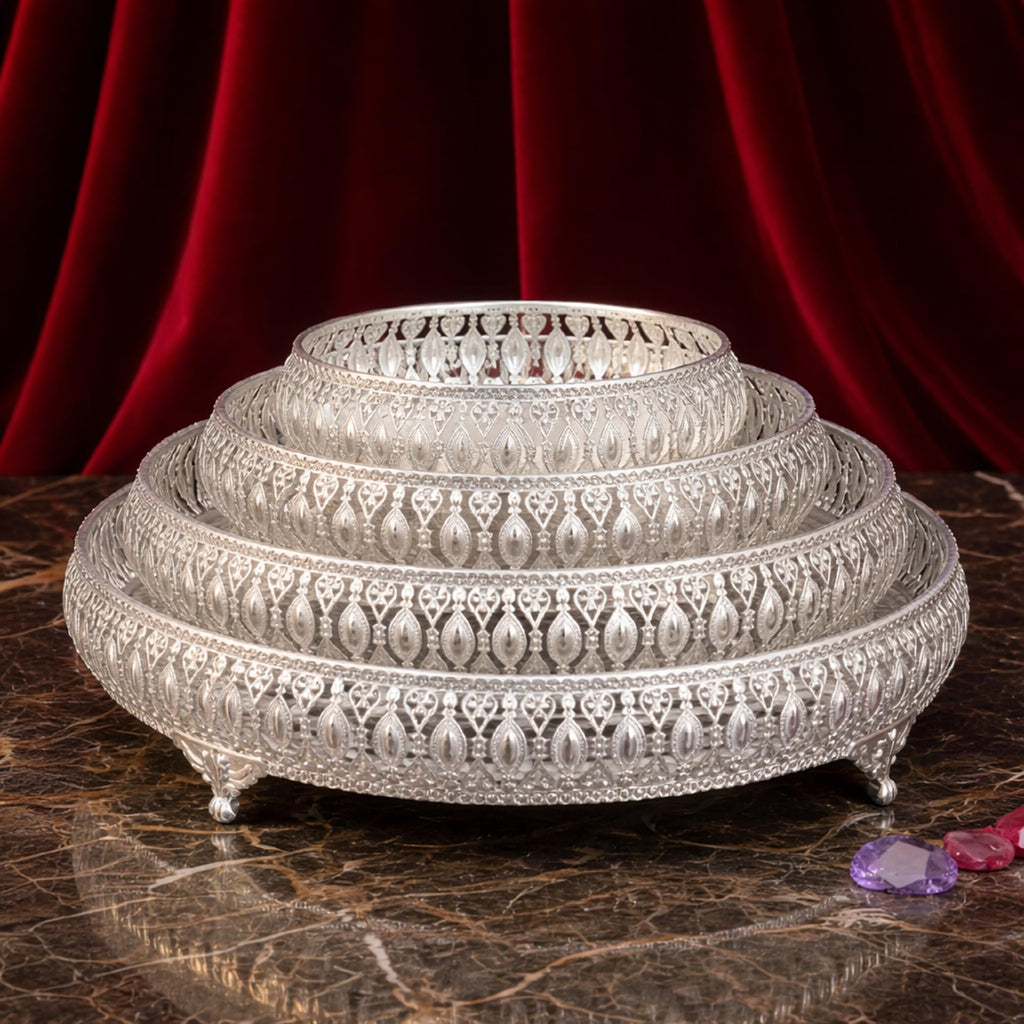 SGR Handicrafts Decorative German Silver Tray Set | Handcrafted Designer Gifting & Serving Trays | Premium Metal Display for Home Decor, Festivals & Special Occasions (Set of 4 (6+8+10+12 Inch))