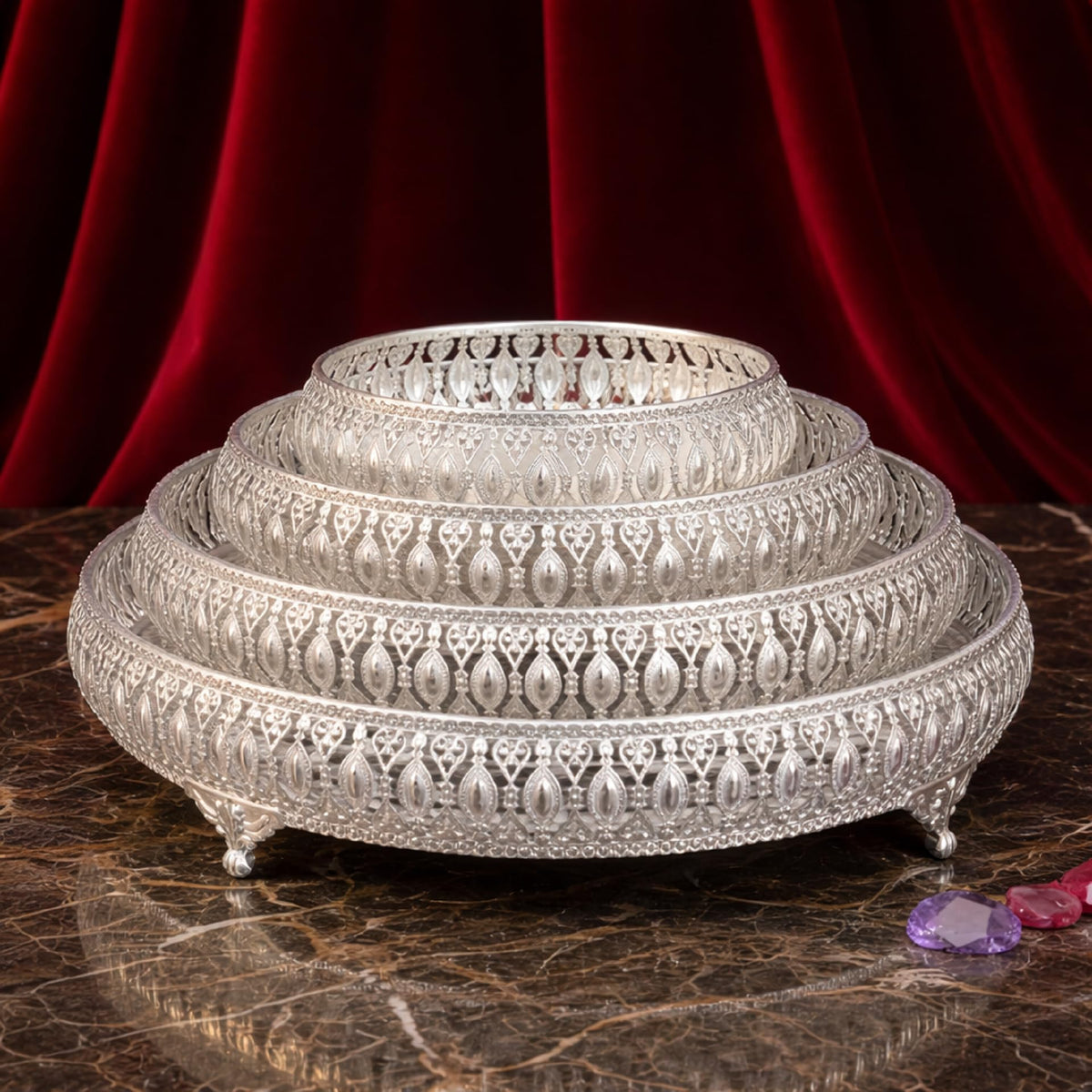 SGR Handicrafts Decorative German Silver Tray Set | Handcrafted Designer Gifting & Serving Trays | Premium Metal Display for Home Decor, Festivals & Special Occasions (Set of 4 (6+8+10+12 Inch))
