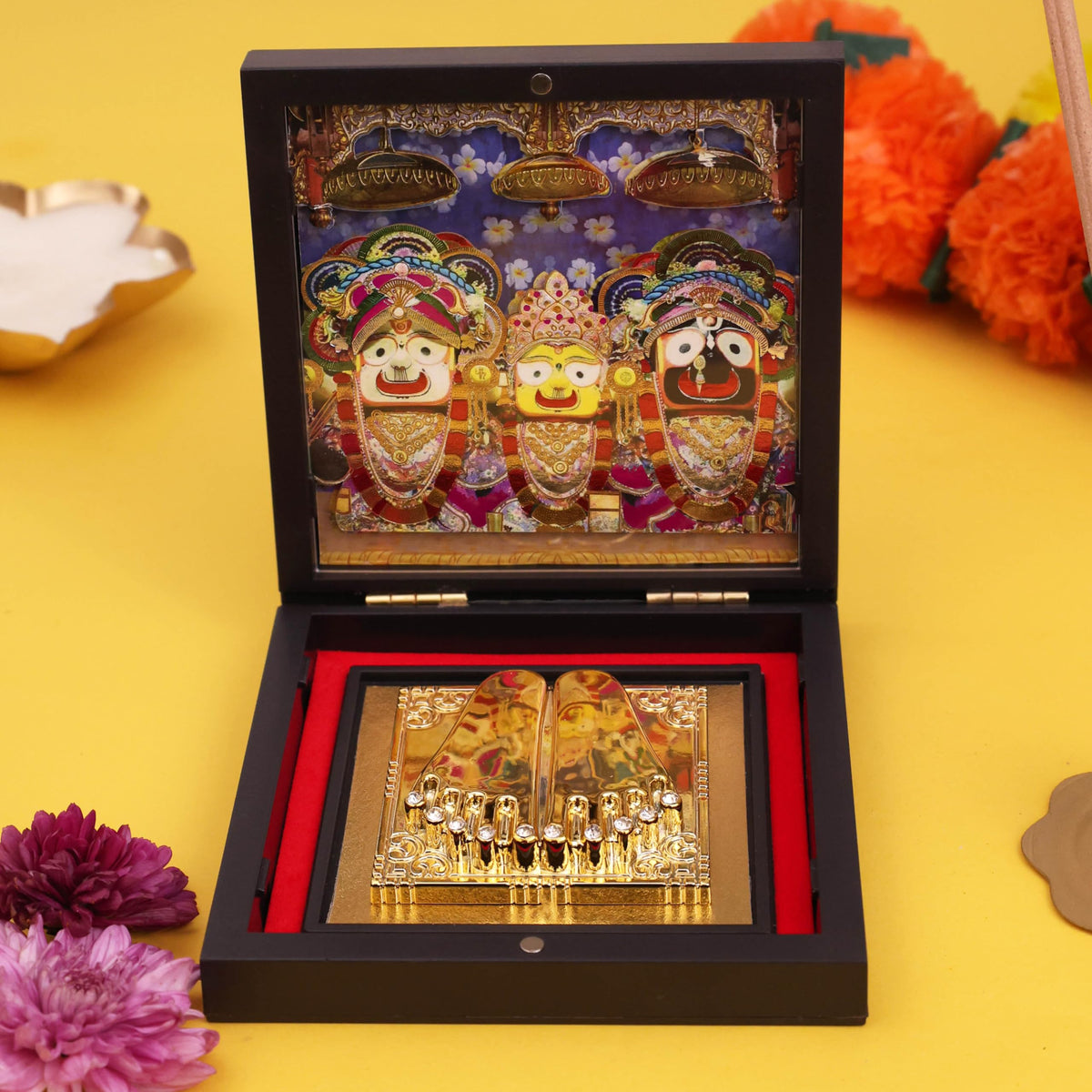 Yantram 3D Jagan Nath Puri Charan Paduka Pocket Temple Frame Box | Gold Plated Jagannath Puri Idol & Divine Charan Paduka | Premium ABS Polymer Foldable Pooja Frame | Home Mandir Decor Gift